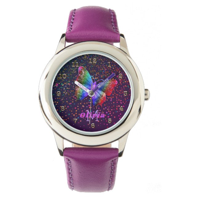 Girls Purple Butterfly Glitter Personalised Name Watch (Front)