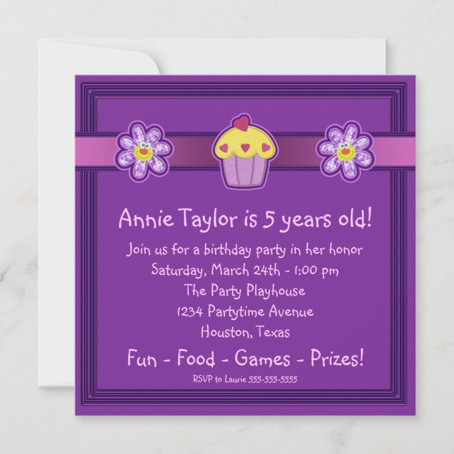 Girls Purple Cupcake Birthday Party Invitation (Front)