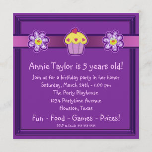 Girls Purple Cupcake Birthday Party Invitation