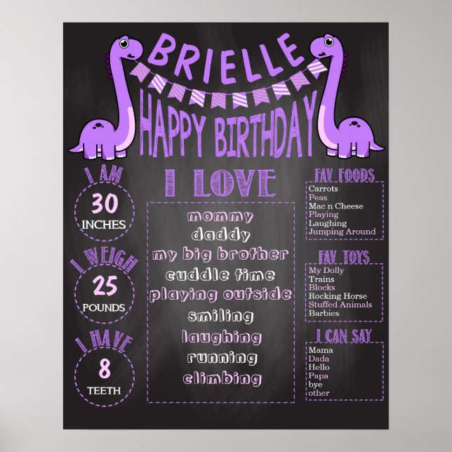Girls Purple Dinosaur 16x20 Template 1st Birthday Poster (Front)
