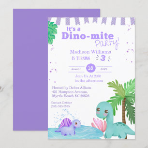 Girls Purple Dinosaur 3rd Birthday Party Invitation