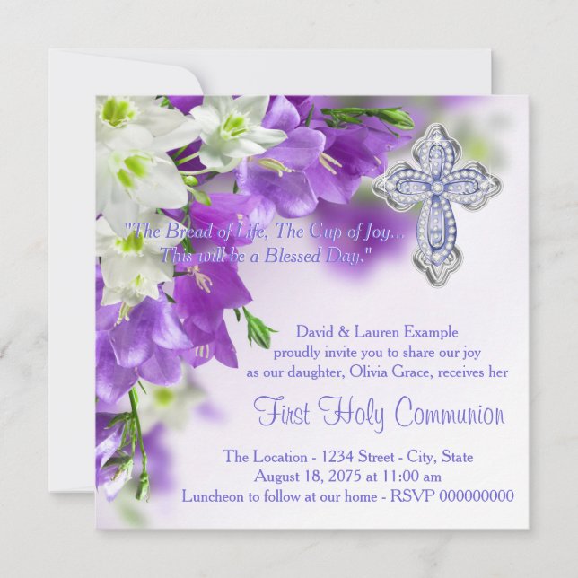Girls Purple Floral Cross First Communion Invitation (Front)