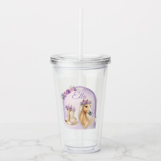 Girls Purple Floral Horse Acrylic Tumbler (Front)
