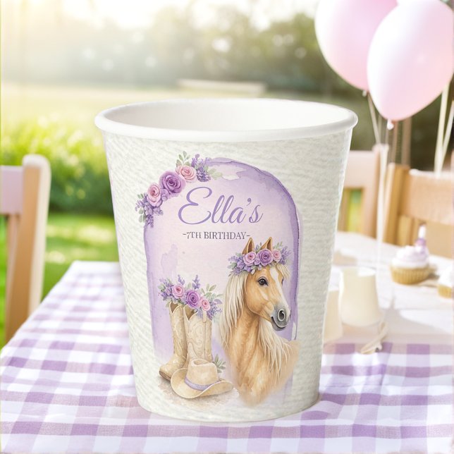 Girls Purple Floral Horse Birthday Paper Cups (Creator Uploaded)