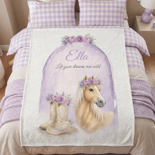 Girls Purple Floral Horse Fleece Blanket