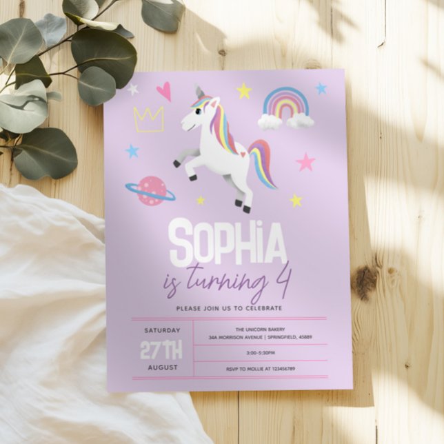 Girls Purple Girly Unicorn Kids 4th Birthday Invitation (Creator Uploaded)