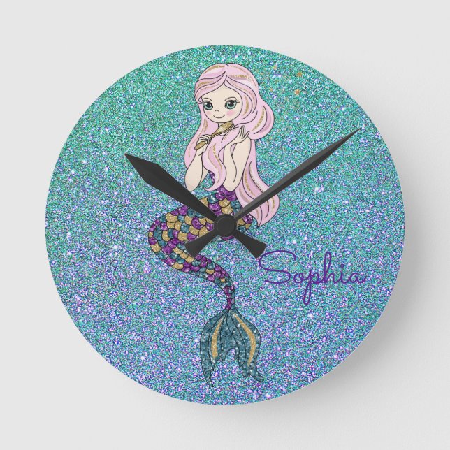 Girl's Purple Glitter Mermaid Wall Clock (Front)