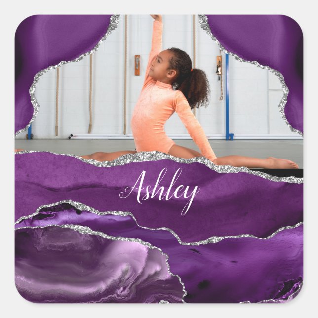 Girls Purple Glitter Personalised Photo and Name   Square Sticker (Front)