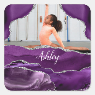 Girls Purple Glitter Personalised Photo and Name   Square Sticker