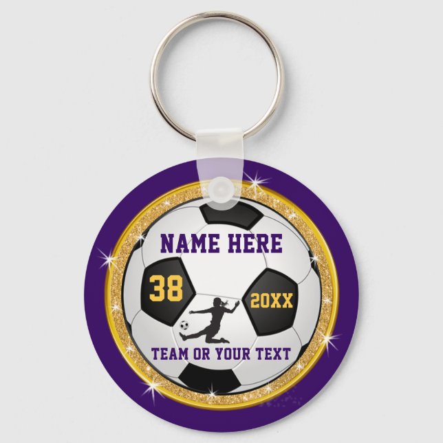 Girls Purple Gold Cheap Personalised Soccer Gifts Key Ring (Front)