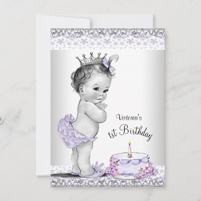 Girls Purple Grey 1st Birthday Party Invitation (Front)