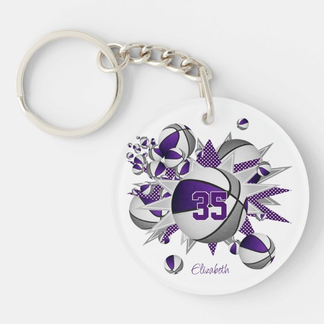 girls purple grey basketballs stars  key ring (Front)