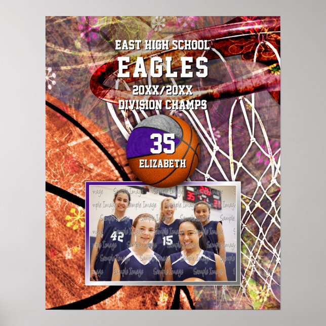 girls purple grey team colours photo basketball poster (Front)