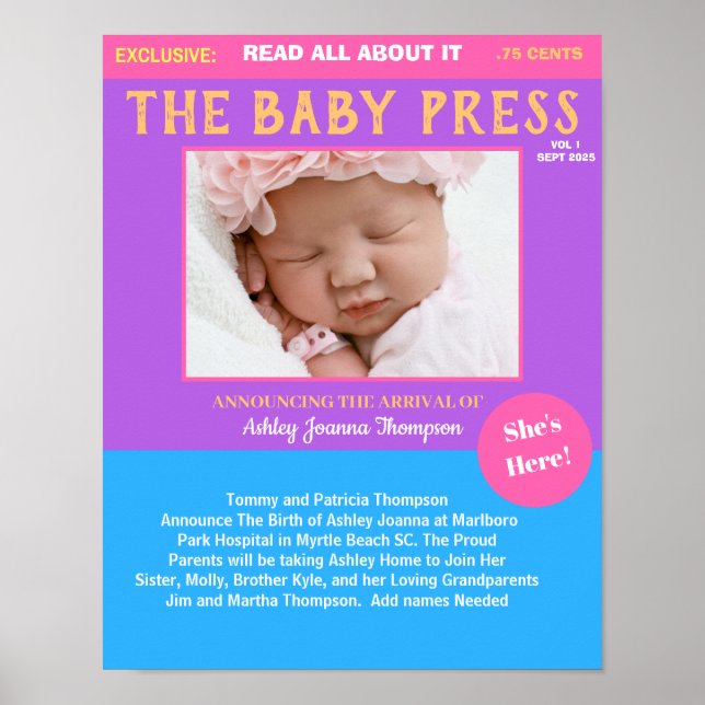 Girls Purple Keepsake Photo Birth Announcement   Poster (Front)