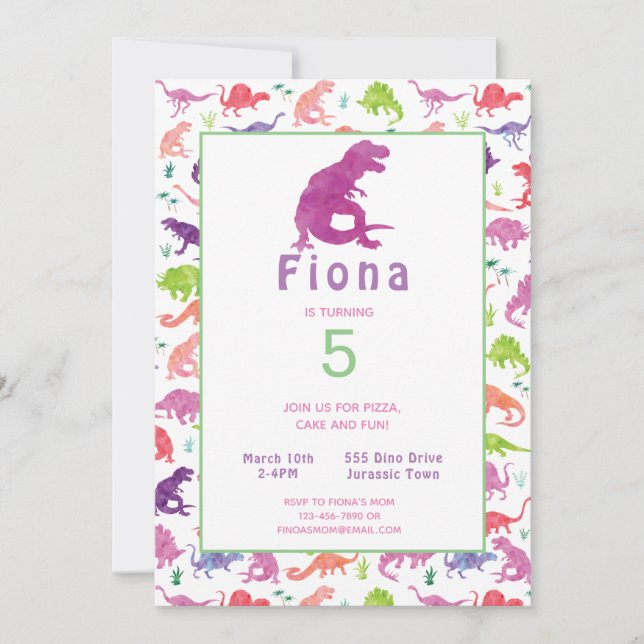 Girls Purple Pink Dinosaur Birthday Invitation (Front)