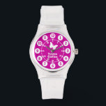 Girls purple, pink, white full name wrist watch<br><div class="desc">Graphic art kids watch featuring a simple white butterfly. Great for school age girls learning to read a clock as features both minutes and hours. Customise with your full name example reads Yvette Collins. Great for school and sports as features your girls full name.</div>