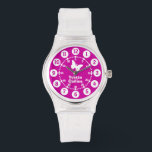 Girls purple, pink, white full name wrist watch<br><div class="desc">Graphic art kids watch featuring a simple white butterfly. Great for school age girls learning to read a clock as features both minutes and hours. Customise with your full name example reads Yvette Collins. Great for school and sports as features your girls full name.</div>