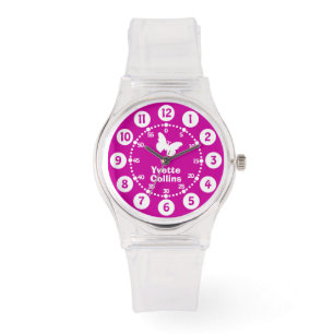 Girls purple, pink, white full name wrist watch