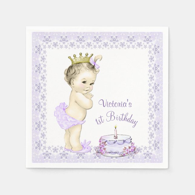 Girls Purple Princess 1st Birthday Cocktail Napkin (Front)