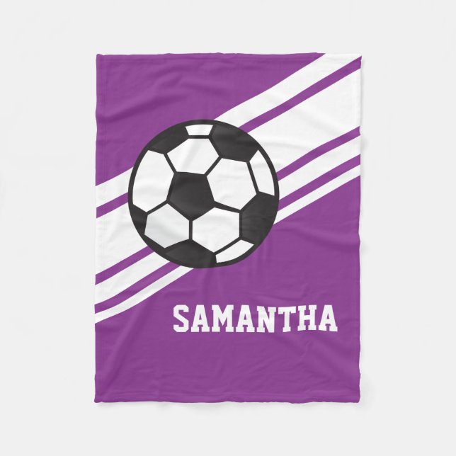 Girl's Purple Soccer Ball Sports Personalised Name Fleece Blanket (Front)