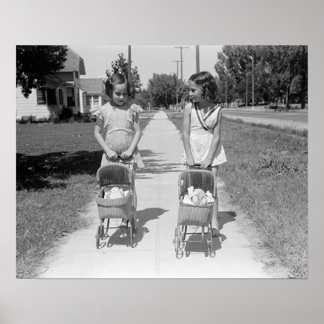 Girls Pushing Baby Buggies, 1941. Vintage Photo Poster (Front)