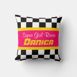 Girls racer yellow pink chequered flag name pillow