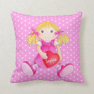 Girls rag doll dolly name flower polka dot pillow
