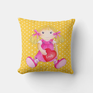 Girls rag doll yellow name flower polka dot pillow