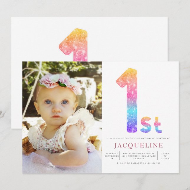 Girls Rainbow 1st Birthday Photo Invitation (Front/Back)