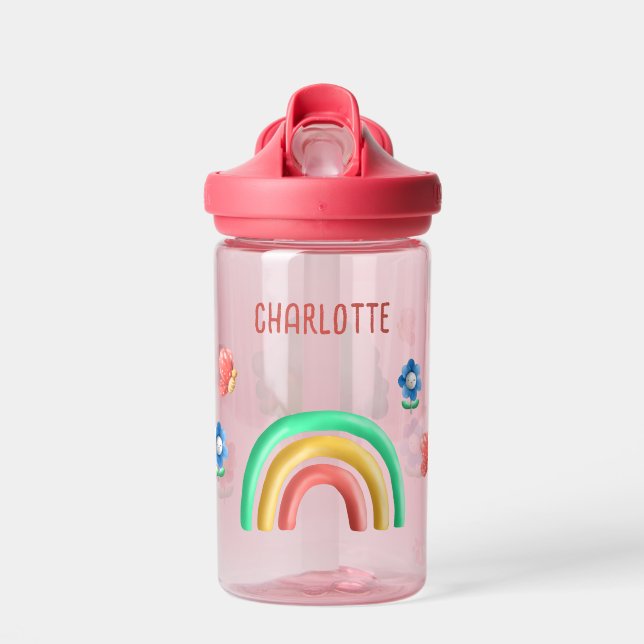 Girls Rainbow Butterfly Kids Personalised  Water Bottle (Front)
