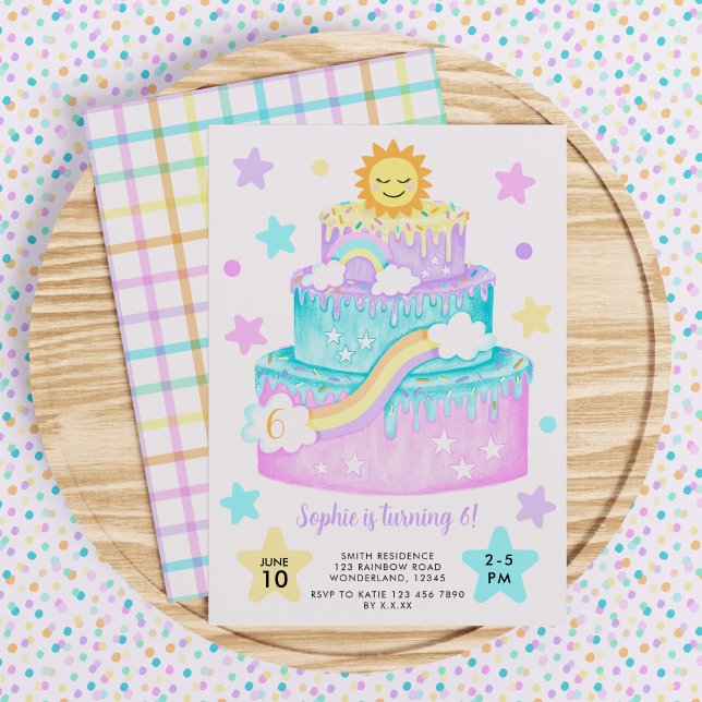 Girls' Rainbow Cake Birthday Invitation (Colorful rainbow cake birthday party invitation. )