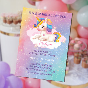 Girls Rainbow Colours Unicorn Birthday Invitation