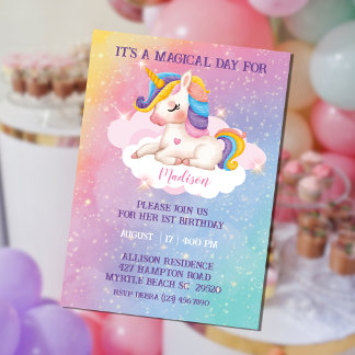 Girls Rainbow Colours Unicorn Birthday Invitation