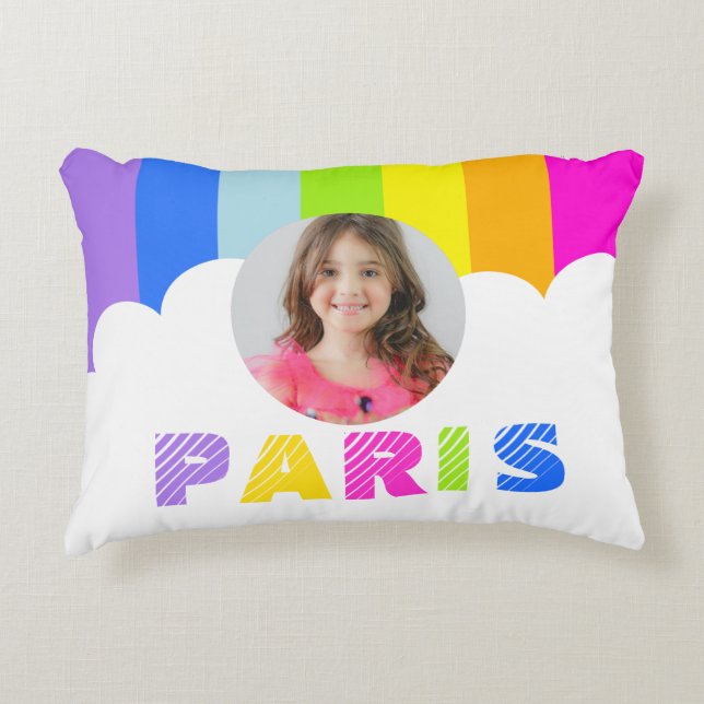 girls rainbow stripe photo name Paris pillow (Front)