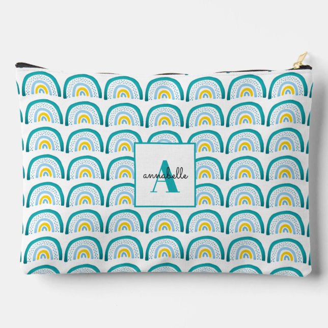Girls Rainbow turquoise monogram Accessory Pouch (Back)