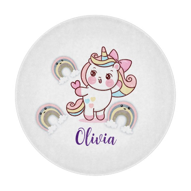 Girls Rainbow Unicorn With Name Serving Tray Cutting Board (Front)