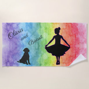 Girls Rainbow Watercolor Dancer and Dog Beach Towel