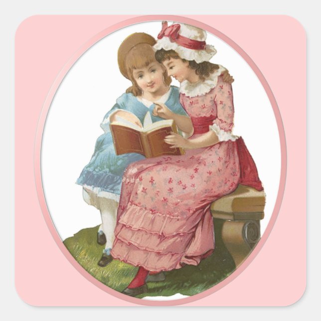 Girls Reading Square Sticker (Front)