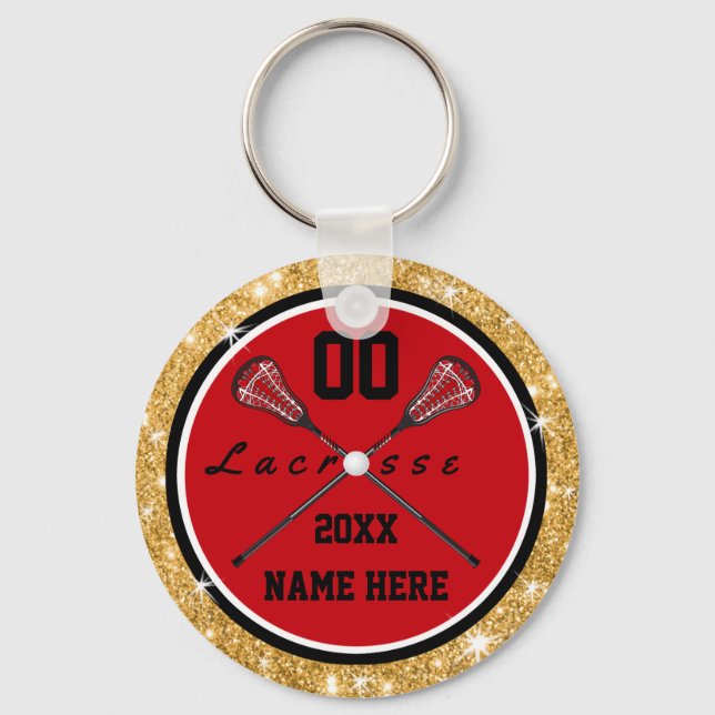 Girls Red and Gold Lacrosse Gifts, Personalised Key Ring (Front)