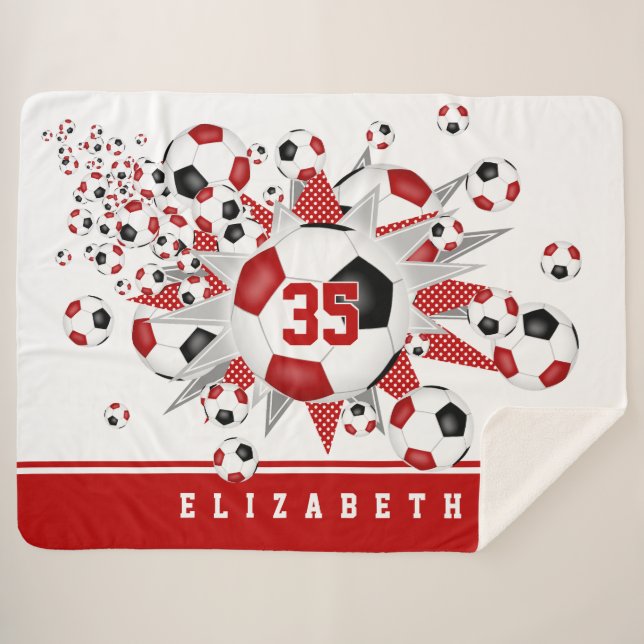 girls red black athletic soccer balls stars  sherpa blanket (Front (Horizontal))