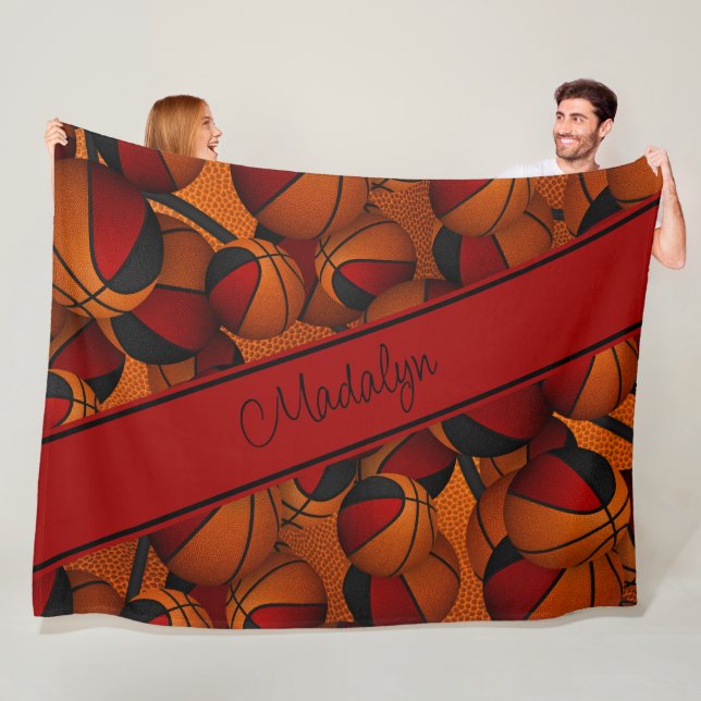 girls red black basketball pattern personalised fleece blanket (In Situ)