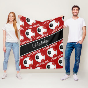 girls red black soccer balls text pattern fleece blanket