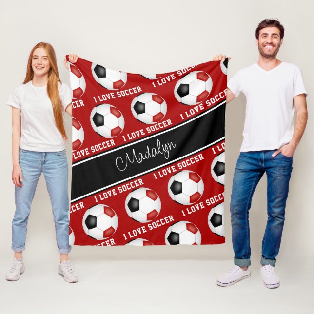 girls red black soccer balls text pattern  fleece blanket (In Situ)