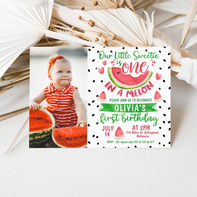 Girls Red Green One In A Melon Photo 1st Birthday Invitation (Photo One in a Melon Birthday Invitation Template, Red Watermelon First Birthday Invitation, )
