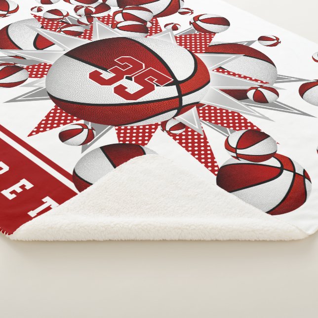 girls red white basketballs stars personalised sherpa blanket (3/4)