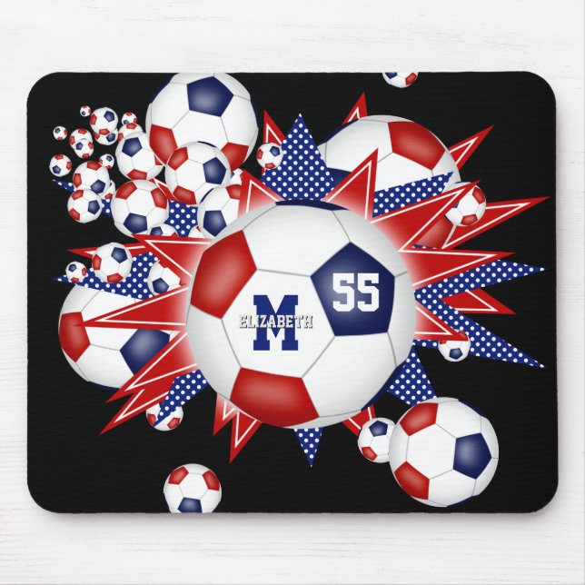 girls red white blue soccer ball blowout mouse mat (Front)