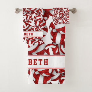 Girls red white volleyballs pattern personalised bath towel set