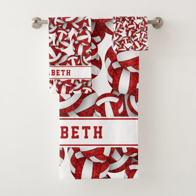 Girls red white volleyballs pattern personalised bath towel set (Insitu)
