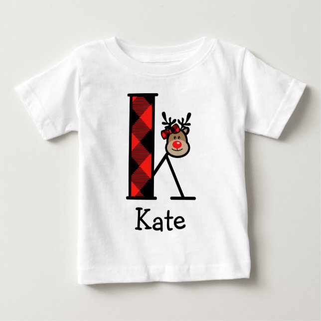 Girl's Reindeer Xmas Plaid Ruffle Tee initial K (Front)