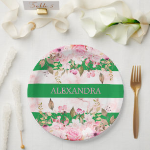 Girls Religious Celebration Green Pink Stripe  Paper Plate